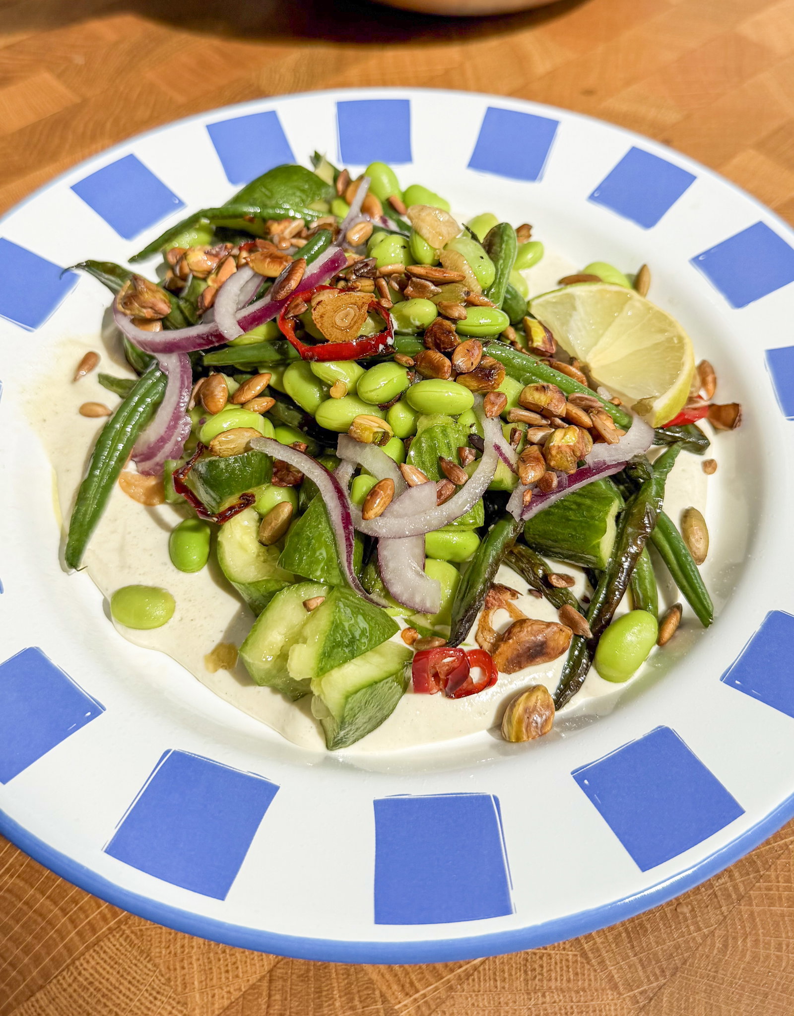 Charred Green Bean & Smashed Cucumber Salad with Herby Tahini Yoghurt