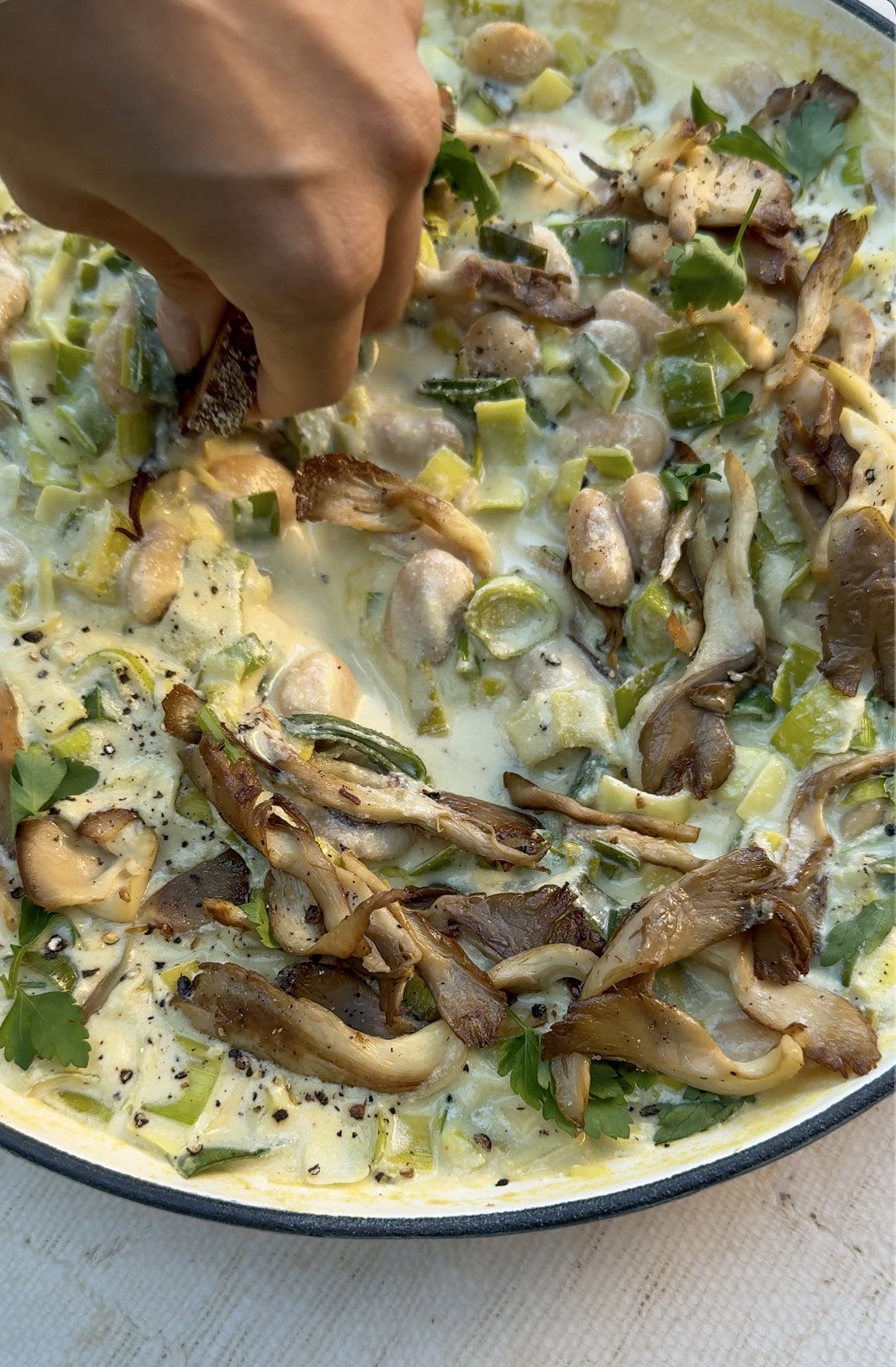 Cheesy Leeks and Beans Bowl with Soy-Glazed Mushrooms