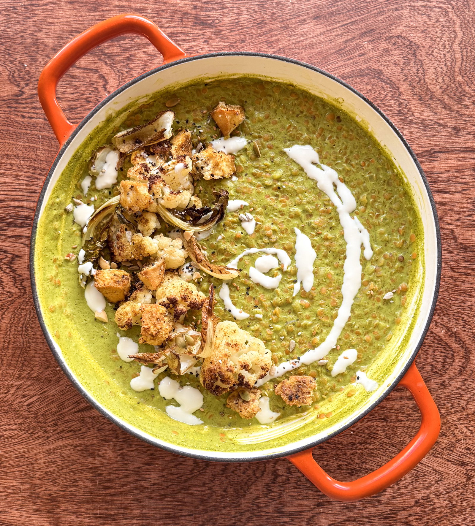 Green Goddess Dal with Crispy Smoked Tofu & Masala Cauliflower