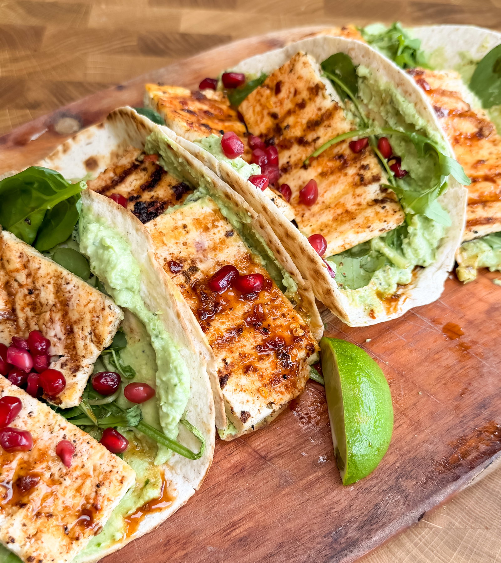 Hot Honey Tofu Halloumi Tacos with Edamame Guacamole