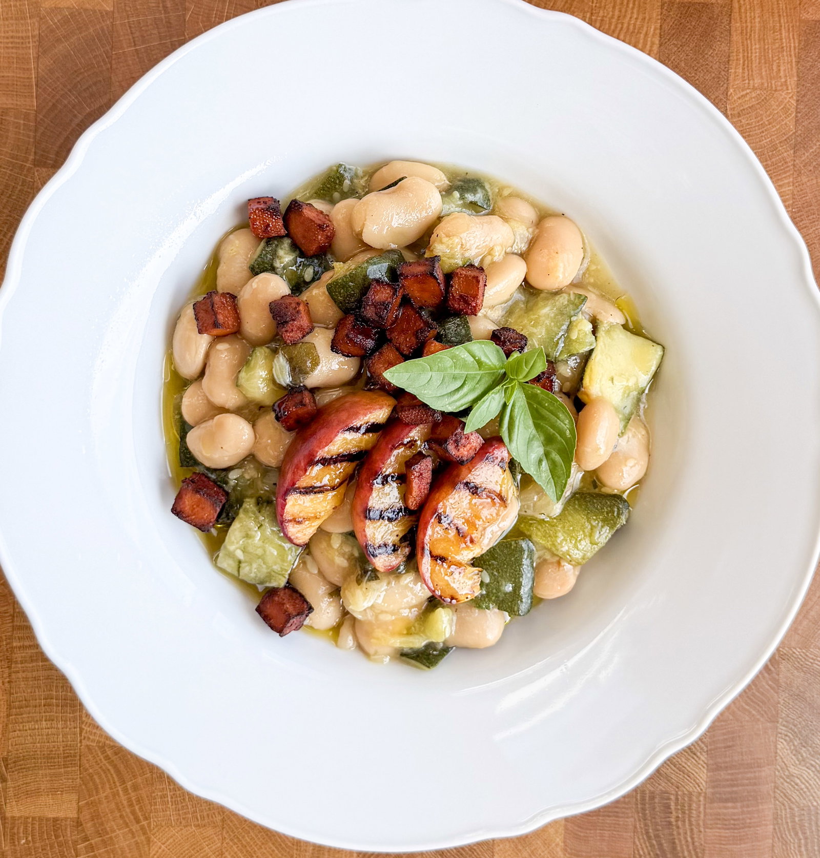 Jammy Courgette and Butter Beans with Tofu Bacon and Griddled Peaches