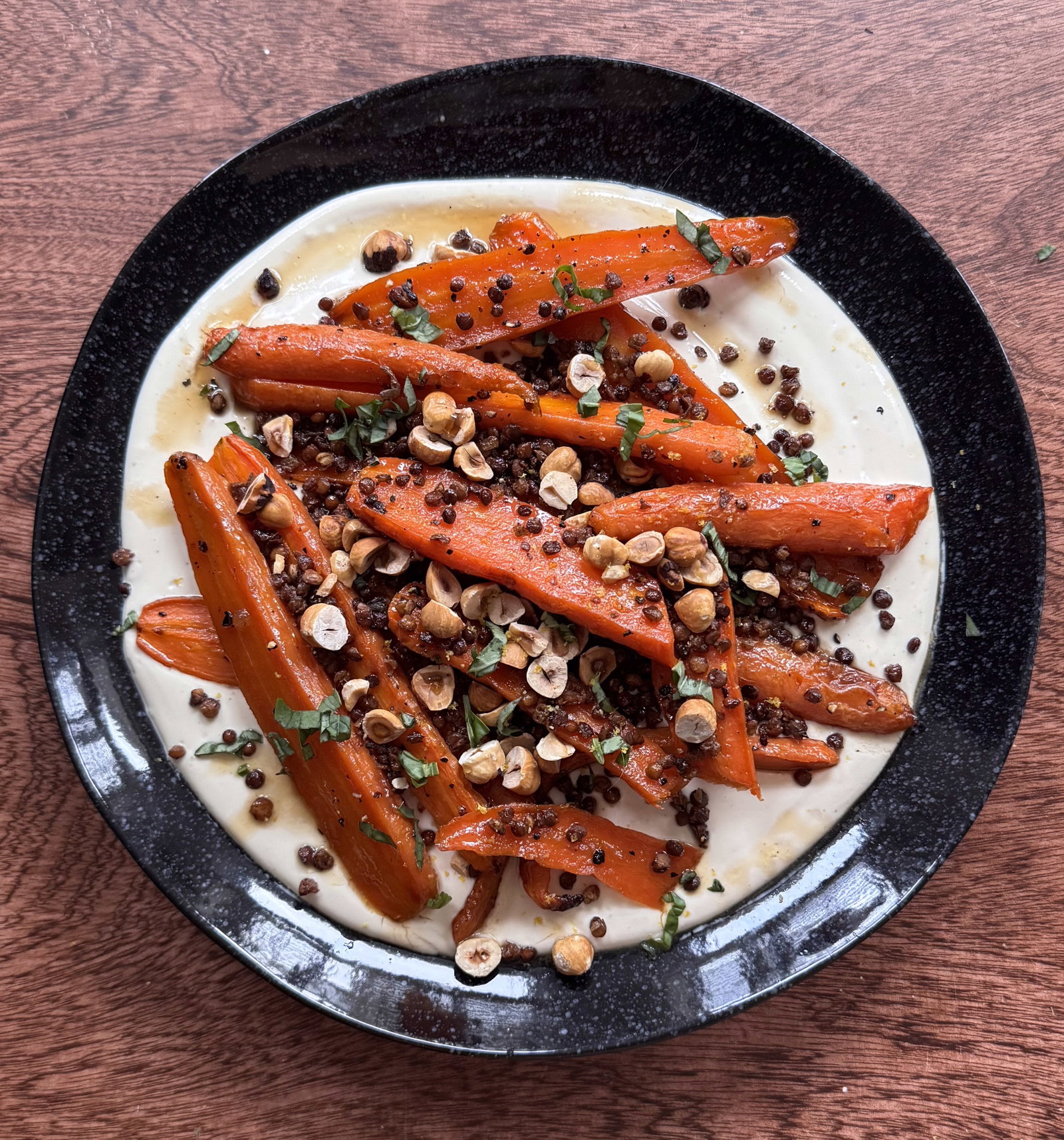 Maple-Caramelised Carrots with Smoked Tofu Crème, Crispy Lentils & Hazelnut Crunch