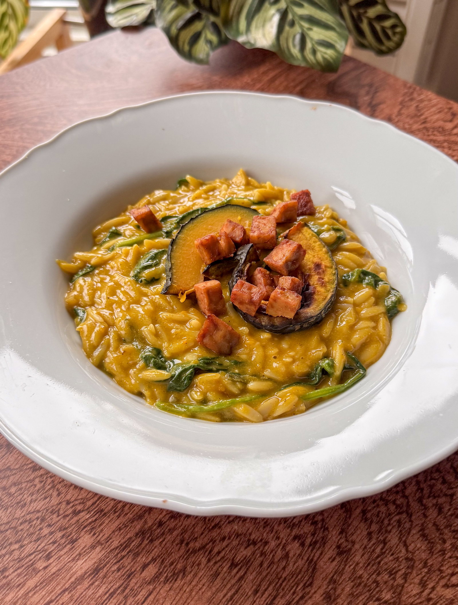 One-Pot Creamy Masala Pumpkin Orzo with Tempeh Pancetta