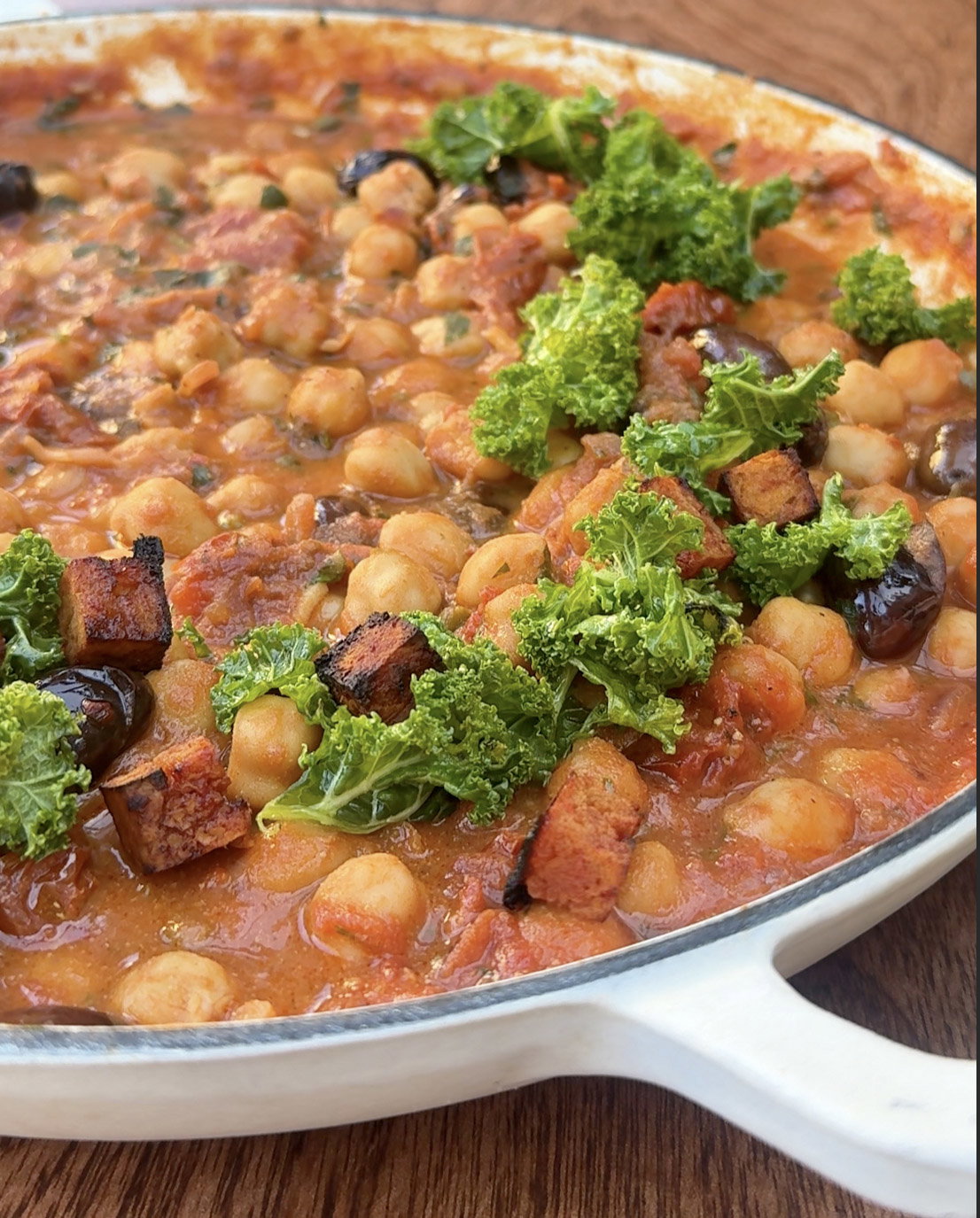 Chickpea Puttanesca with Crispy Tofu Bacon
