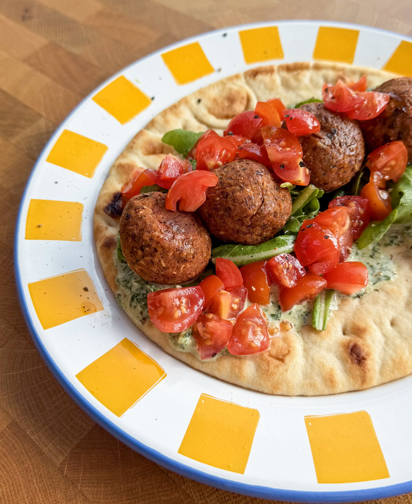 Smoky Meatball Flatbreads with Tahini Pesto