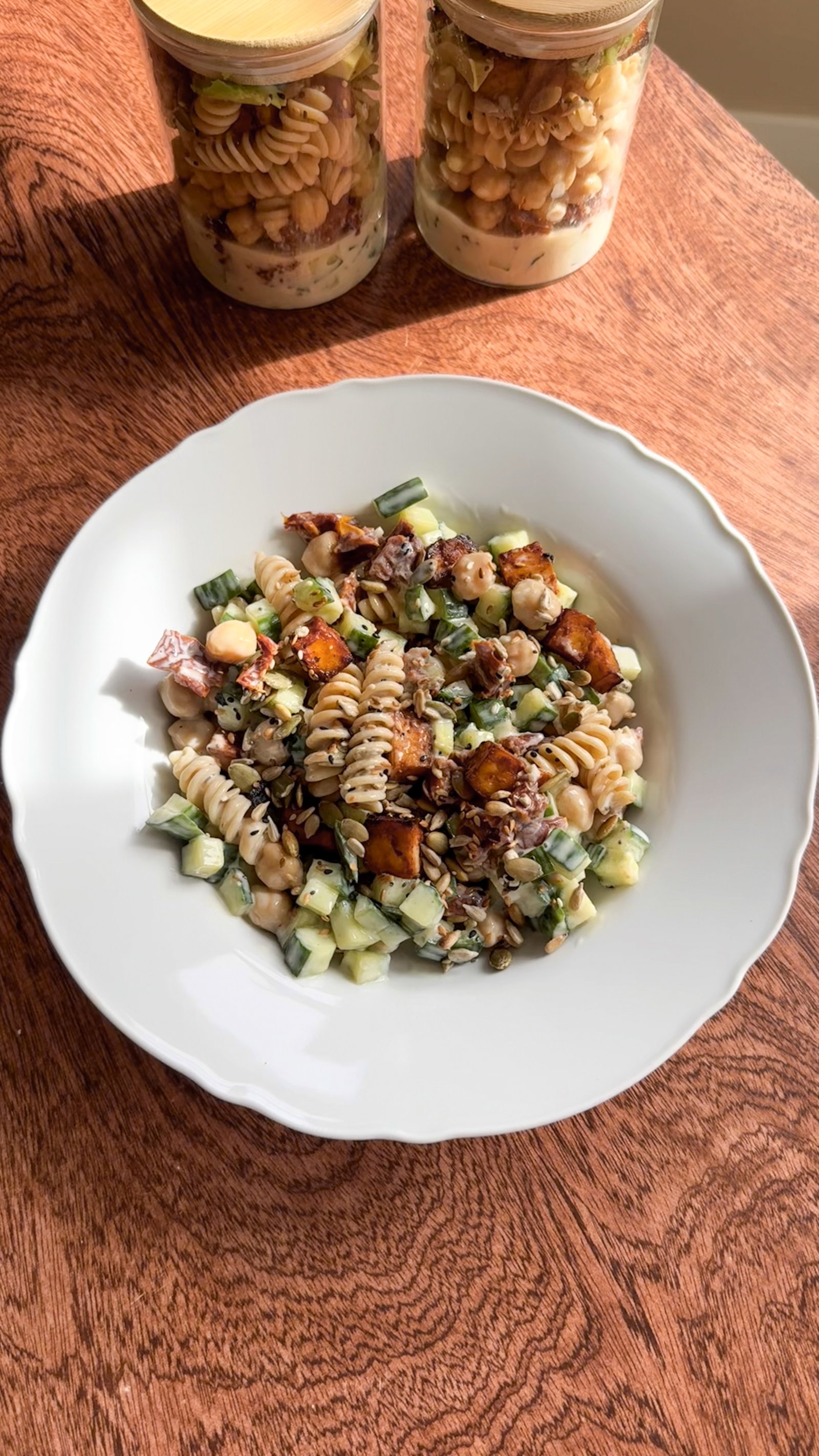 Smoky Tofu Bacon Pasta Salad Jars
