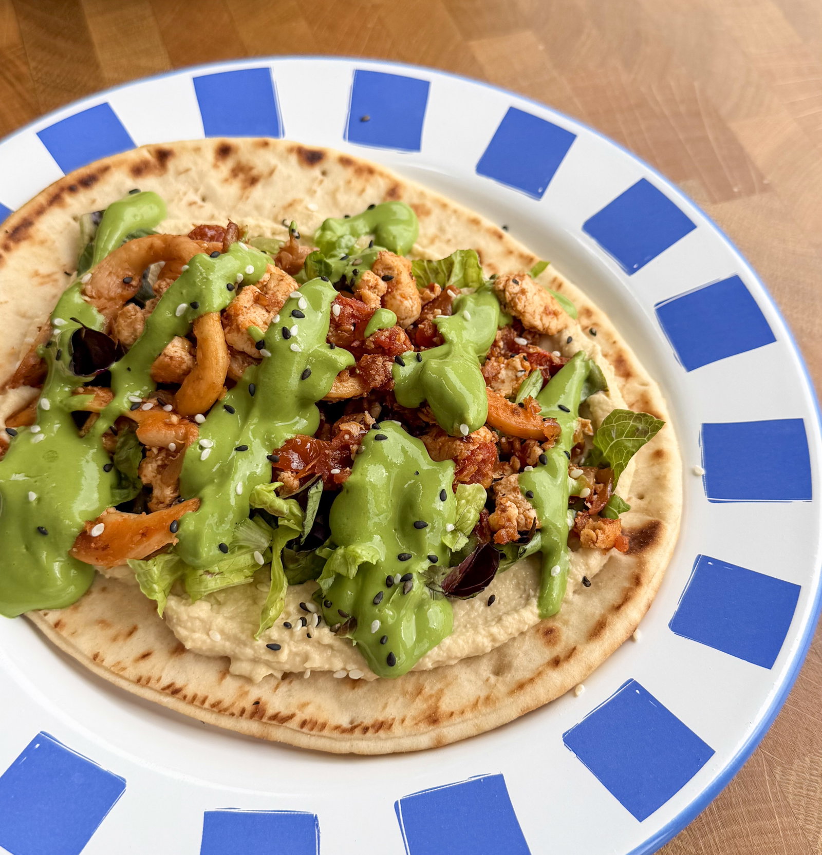 Spiced Sundried Tomato Tofu Flatbreads with Green Goddess Sauce