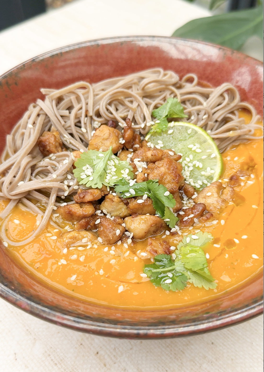 Sweet Potato Soup with Sticky Tempeh