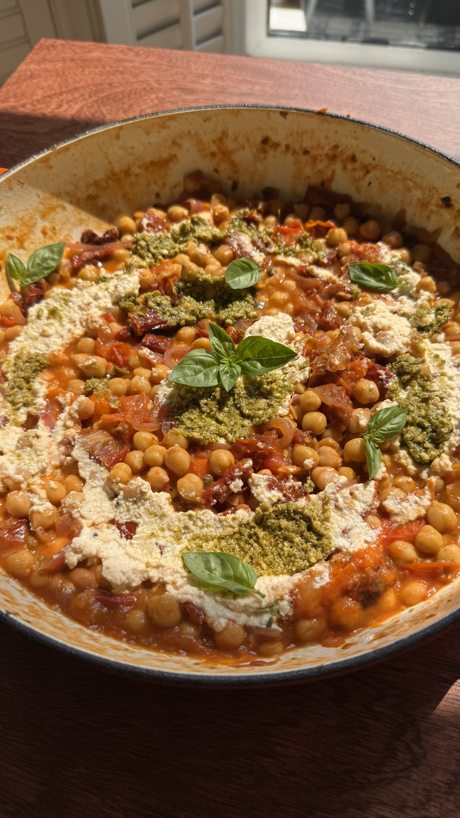 Tomato Balsamic Chickpeas with Creamy Tofu Ricotta & Green Pesto